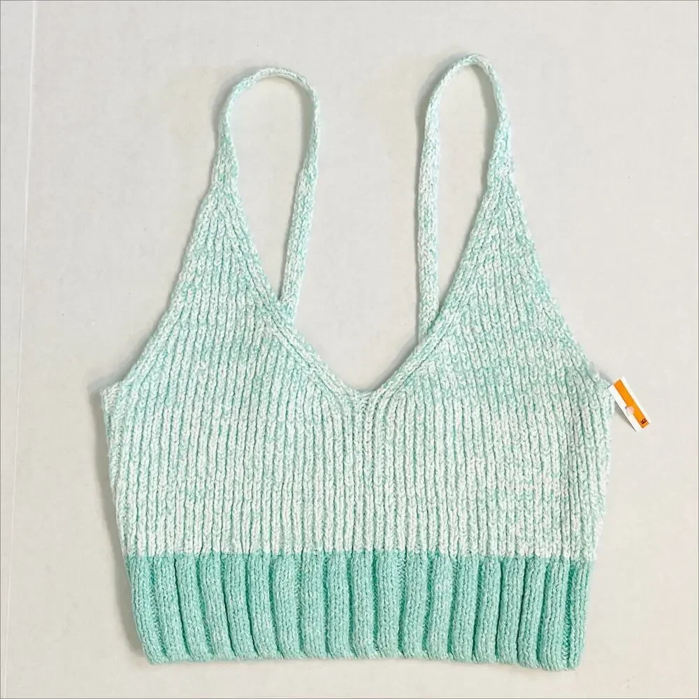 NWOT Free People Here All Day Brami Knit Top Medium Blue White - Picture 10 of 10